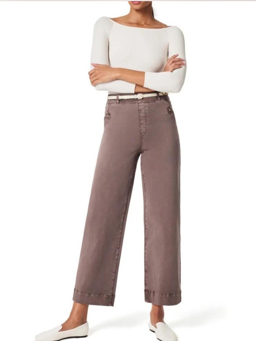 SPANX STRETCH TWILL CROPPED WIDE LEG PANT Pull On Brown Taupe Small Boho